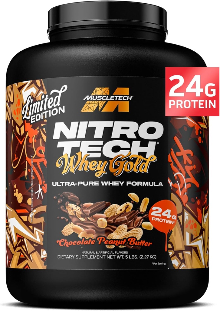 MuscleTech Whey Protein Powder (Chocolate Peanut Butter, 5LB) - Nitro-Tech Whey Protein Isolate Smoothie Mix para Lean Muscle & Fast Recovery - 24g de Whey Gold Protein para Mulheres e Homens - Sem glúten