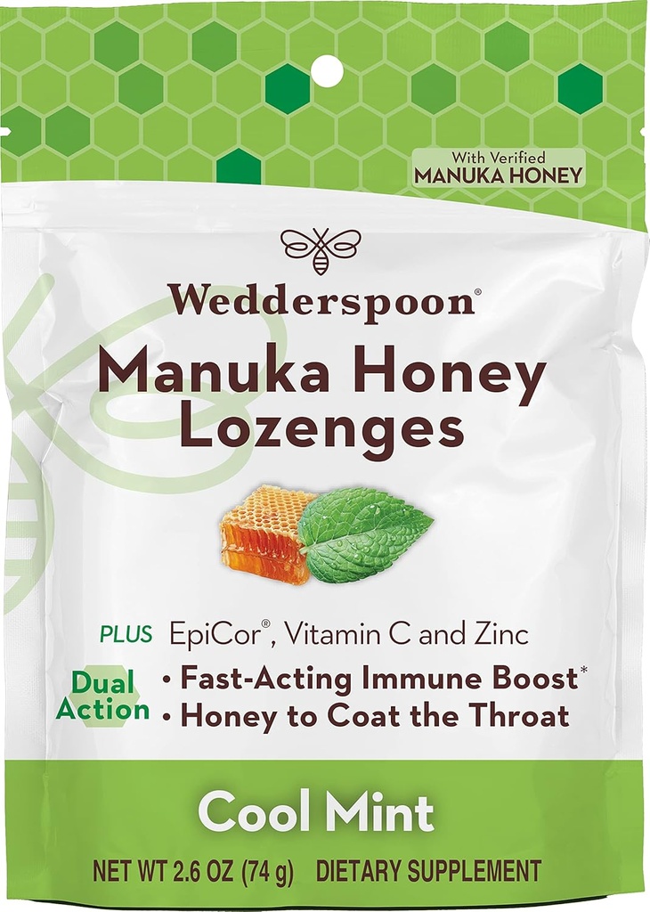 Wedderspoon Manuka Honey Immunity Lozenges, Cool Mint, 2.6 Oz (Pacote de 1), Genuine New Zealand Honey, Immunity Boost Dentro de duas horas