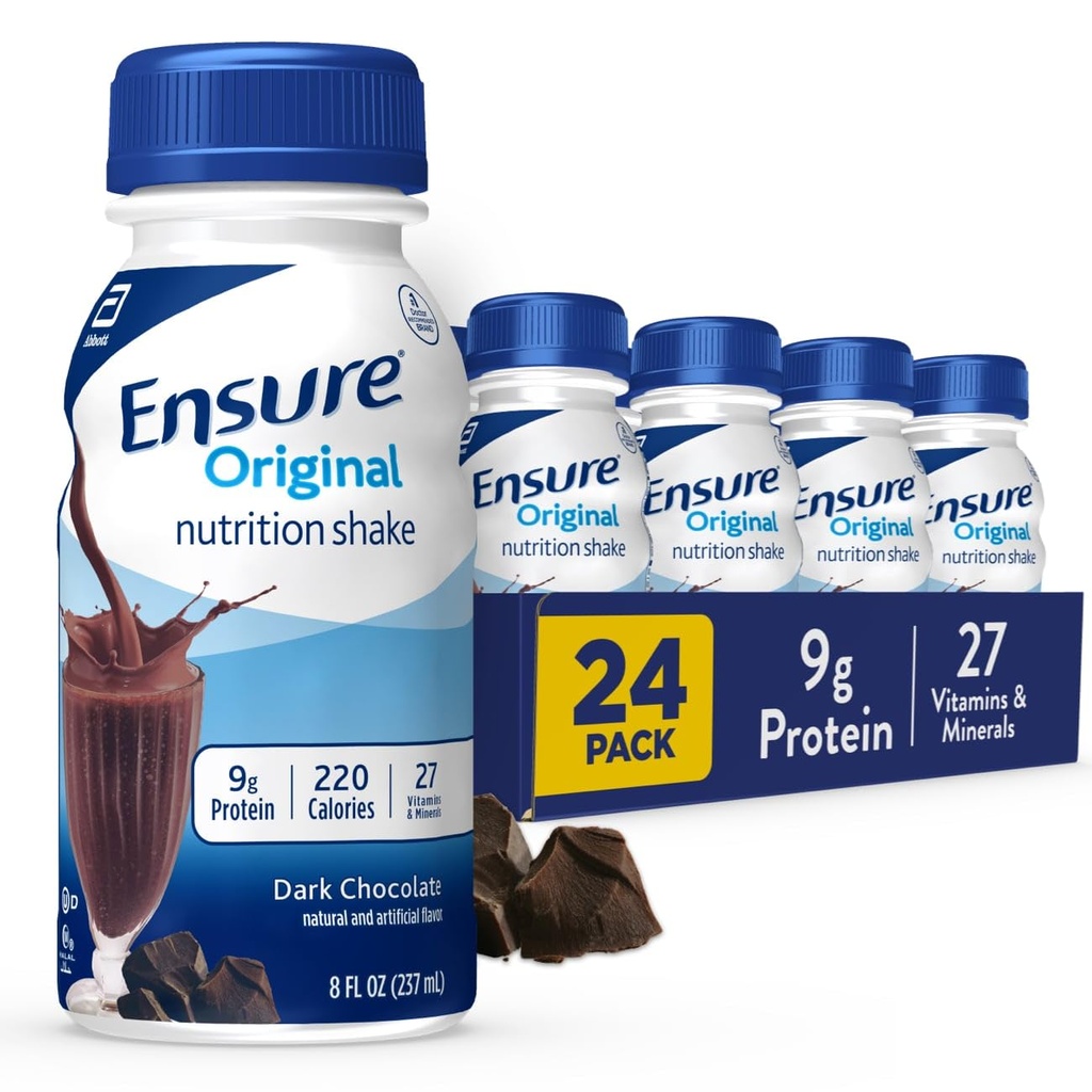 Assegure-se original escuro chocolate Nutrição Shake □ Pequeno Shake de substituição de refeições □ Pronto para beber □ 9g de proteína, 27 vitaminas e minerais
