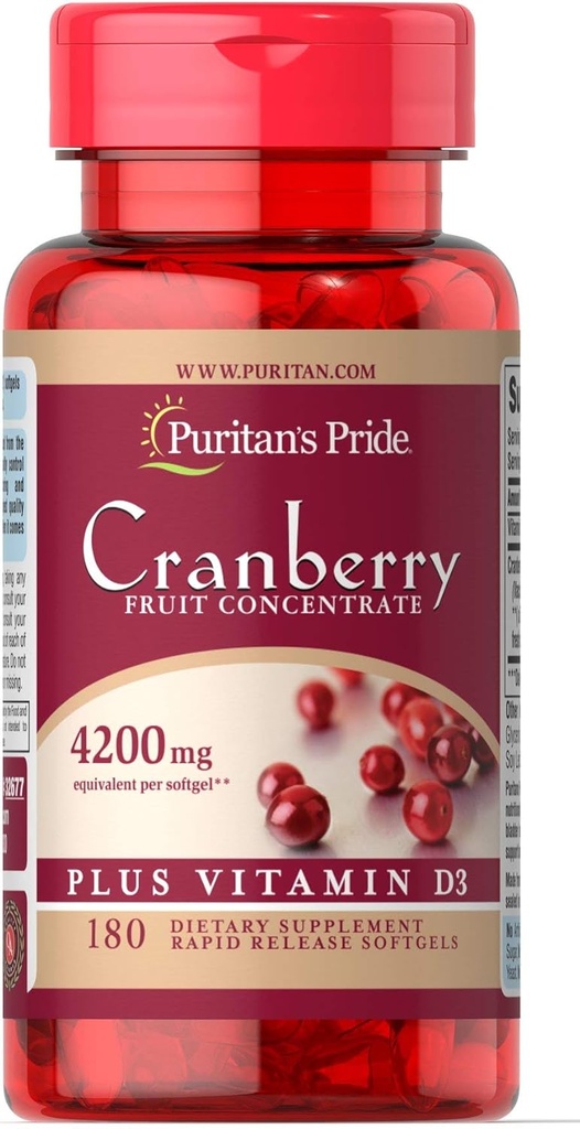 Puritan's Pride Cranberry Fruit Concentrate Plus Vitamina D3-180 Softgels