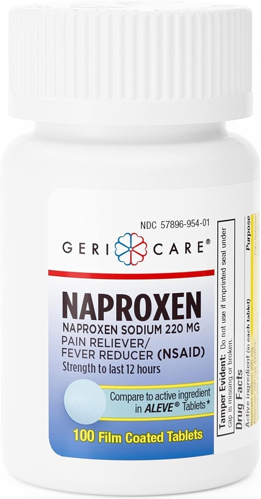 GeriCare Naproxen Comprimidos de Sódio, 220mg (número de 100)- AINEs Alívio da dor extra-força para dor de cabeça, artrite, dores musculares, Cães Menstruais Naproxeno Revestido por Filme, Anti-Inflamatório e Redutor da Febre