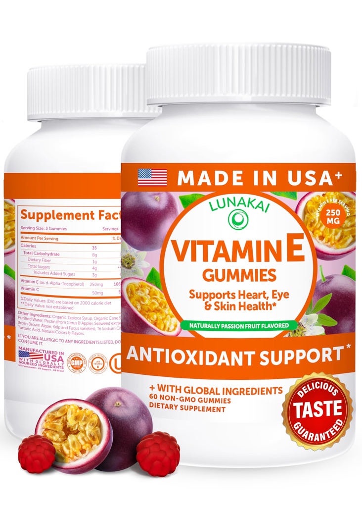 Lunakai EUA fez vitamina E chicletes 400UI com vitamina C - Delicioso, Vegan, Suplemento não-GMO para a pele diária e suporte ocular, 60ct