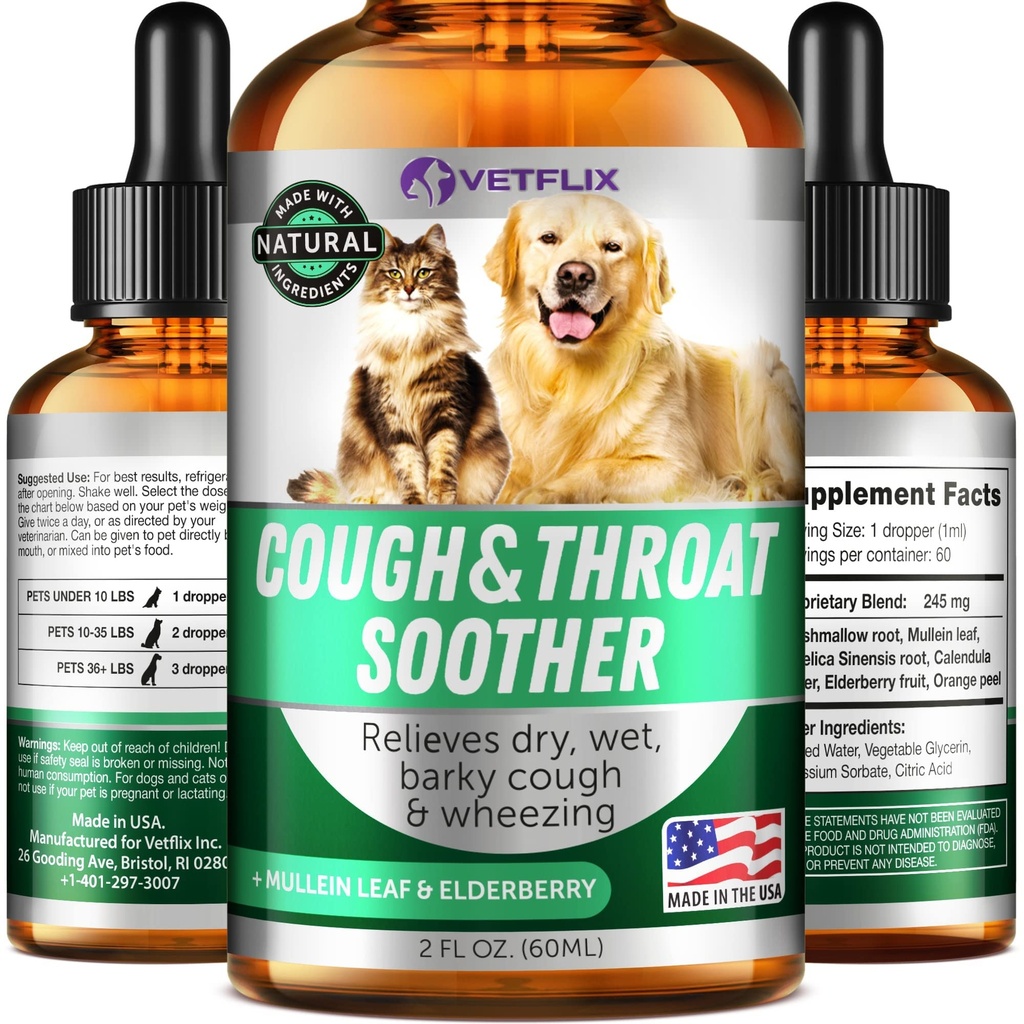 Tratamento da tosse do canil para cães e gatos - Made in USA - Alergia do cão e alívio da asma do gato - Mullen Leaf & Elderberry Blend - seco, molhado e Barky Cough Alief para cães e gatos - Todas as raças e tamanhos - 2 Fl Oz