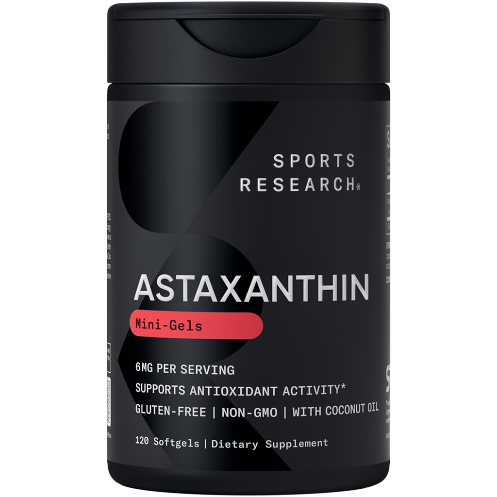 Pesquisa Desportiva Triplo Força Astaxantina Suplemento (6mg) com óleo de coco orgânico para atividade antioxidante, pele e suporte de saúde ocular - Não-GMO Verificado e sem glúten - 120 Softgels