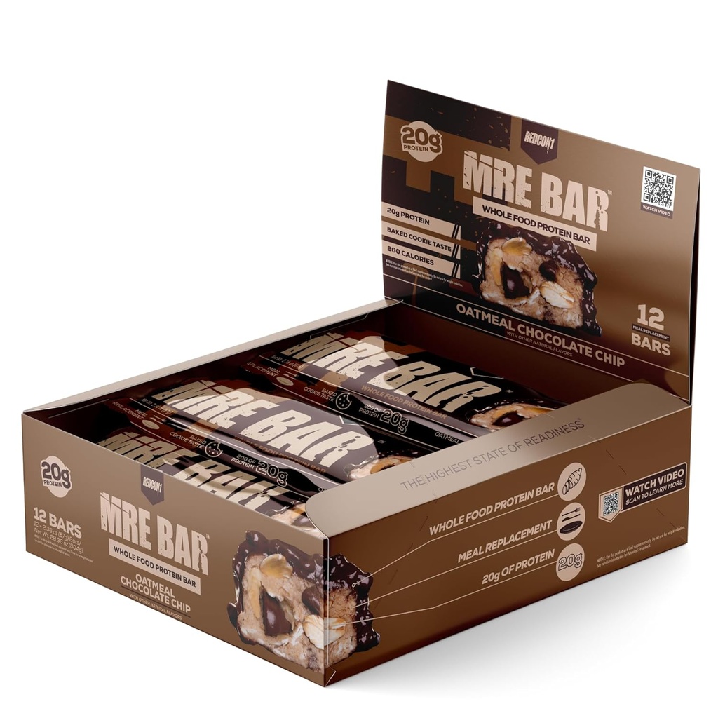 REDCON1 MRE Protein Bar, Chip de chocolate de farinha de aveia - contém MCT Oil + 20g de proteína alimentar inteira - facilmente digestível, Macro equilíbrio baixo açúcar Bar de substituição (12 barras)