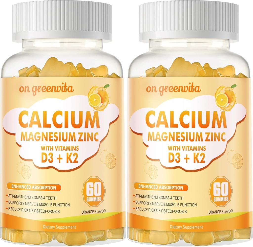 Pastilhas de zinco de magnésio de cálcio com vitamina D3 & K2 - Absorção reforçada de alta potência -120 gomas de laranja sabor
