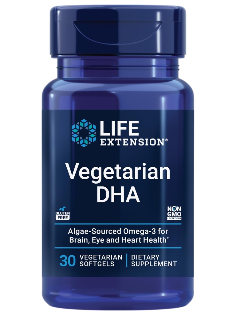 Extensão de vida Vegetariana DHA, Omega-3 de Algae para cognição, Humor e saúde ocular, Sem glúten, Não-GMO, Vegan, 30 softgels