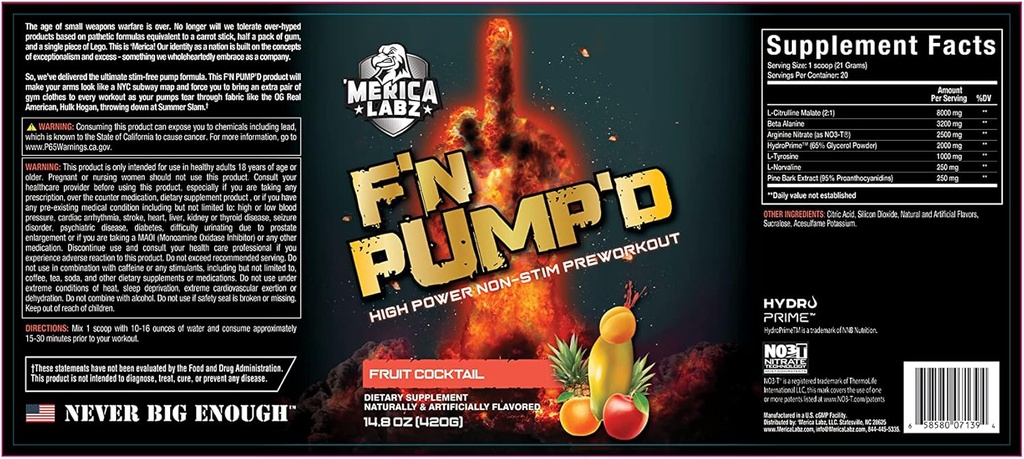 'Merica Labz F'N Pump'D Estimulante Livre, Óxido nítrico, Dose total, Bomba Pré-Trabalho Pó (20 Servões) (Cocktail Fruit)