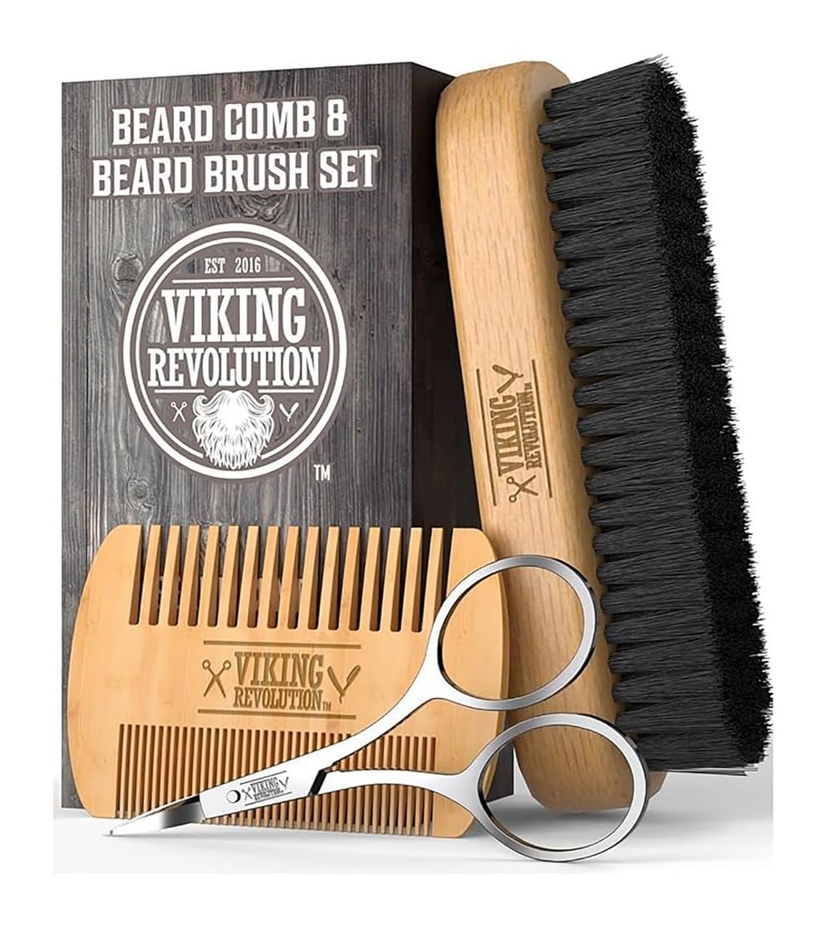 Conjunto de escova de barba e barba de revolução Viking para homens -- Escova de bristle de javali natural e dupla ação Pear Wood Pear Comb w / Velvet Travel Pouch - Ótimo para barbas e bigodes
