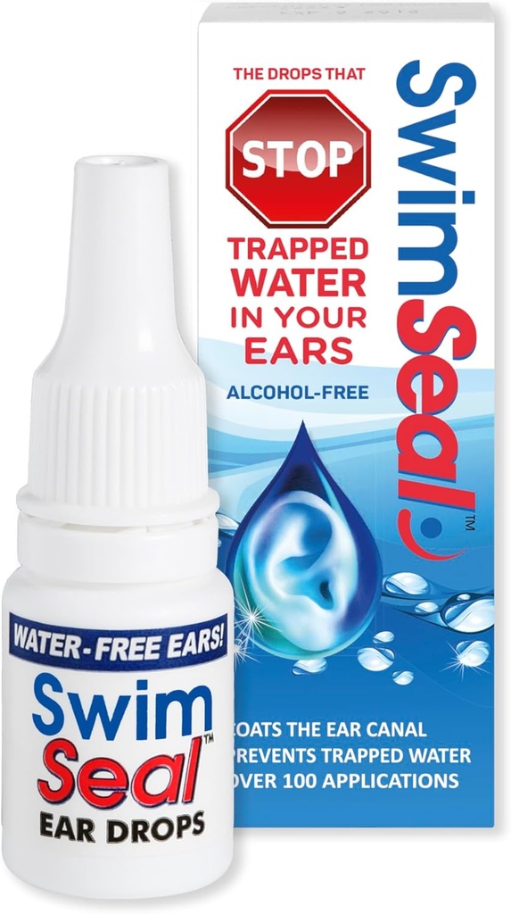 SwimSealTM Todas as gotas de ouvido naturais de nadador para uso diário em vez de gotas de álcool ou tampões de ouvido. A solução para seus ouvidos para toda a exposição à água para todas as idades.