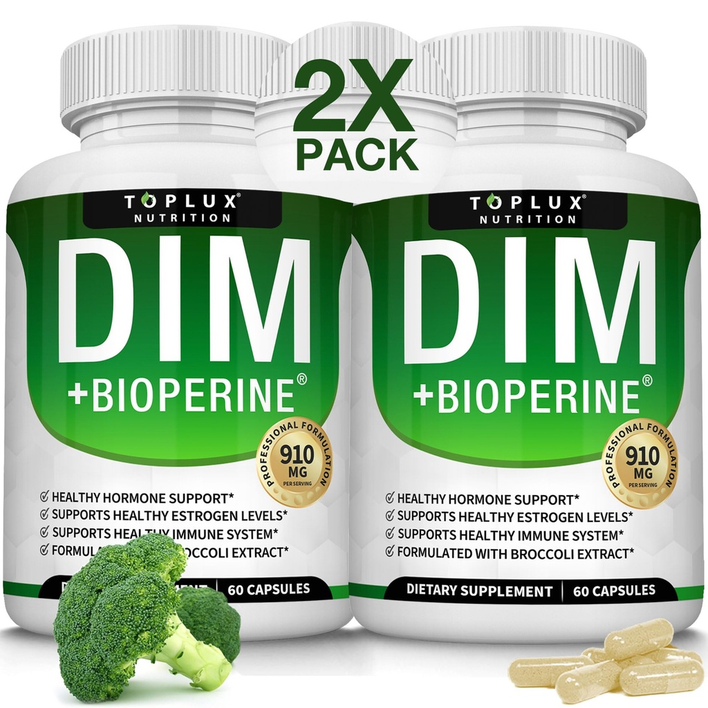 Dim Supplement 910 mg Plus BioPerine Complex - Diindolilmetano para apoiar o equilíbrio hormonal e o metabolismo de estrogênio, ajuda com Menopausa Acne PCOS melhor musculação da pele, para homens mulheres, 60 cápsulas