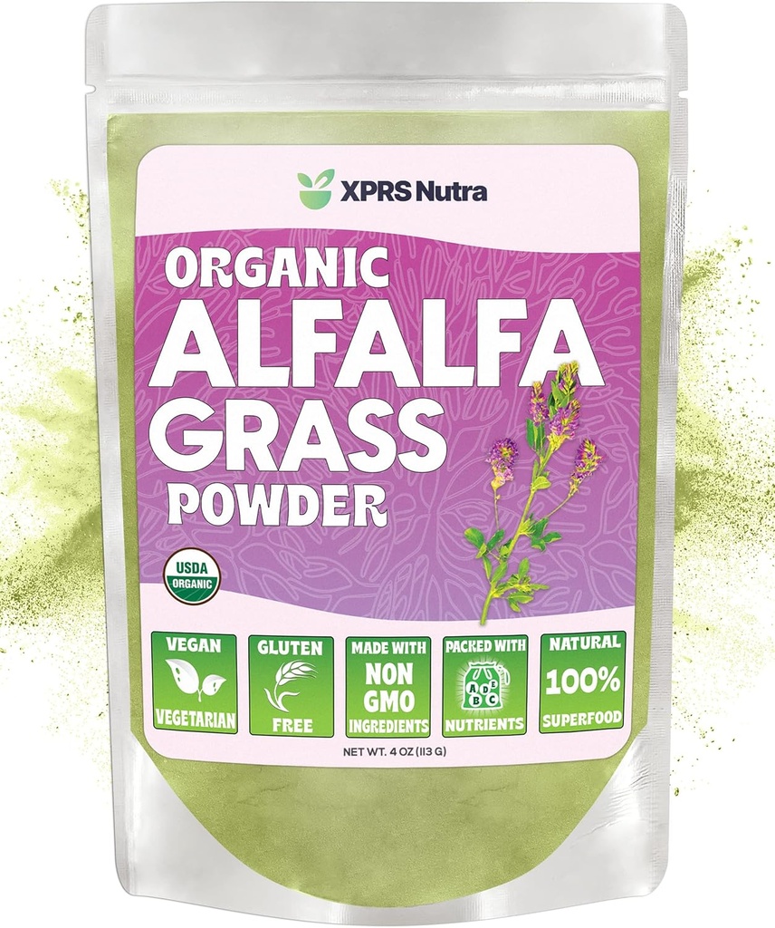 XPRS Nutra Organic Alfalfa Pó - Premium Vegan Suplemento Rico em Cálcio, Antioxidantes, Vitaminas - Farmer Alfalfa Suplemento para Crianças e Adultos - Folha saudável Vegan amigável (4 Ounce)