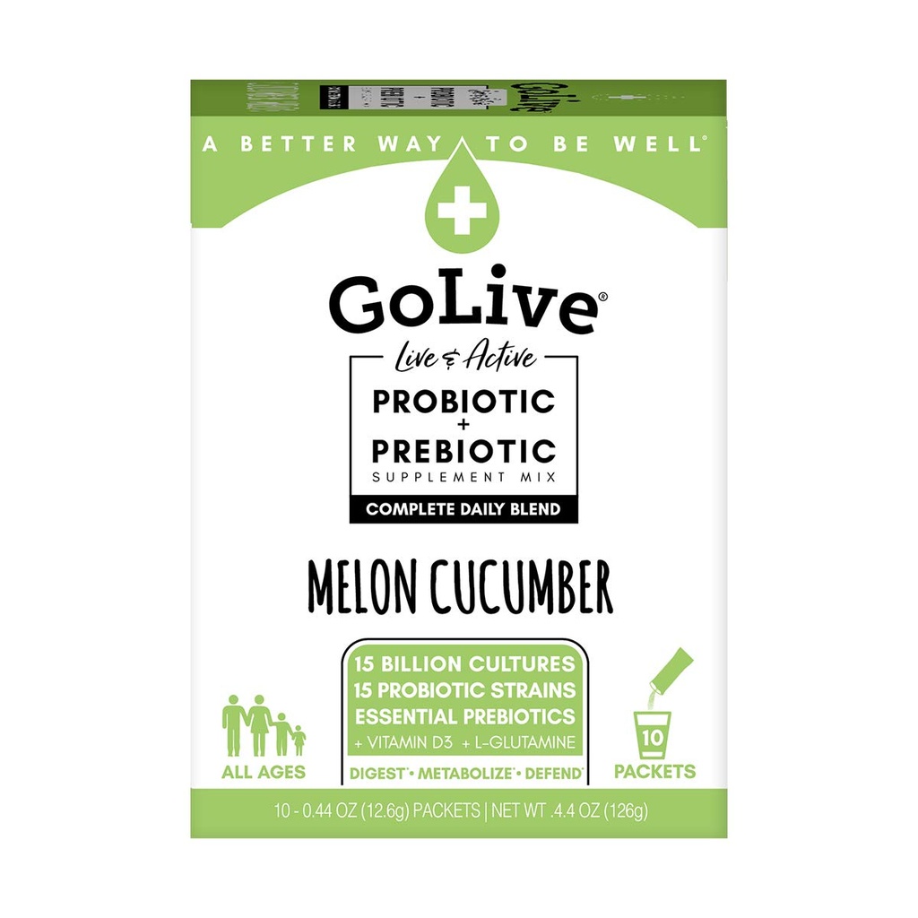 GoLive Probióticos para Adultos e Crianças, Melo e Pepino, 10ct- Probióticos para Adultos e Crianças, Fibra Prebiótica para Gut e Saúde Digestiva, Recomendado por Médicos e Diéticos