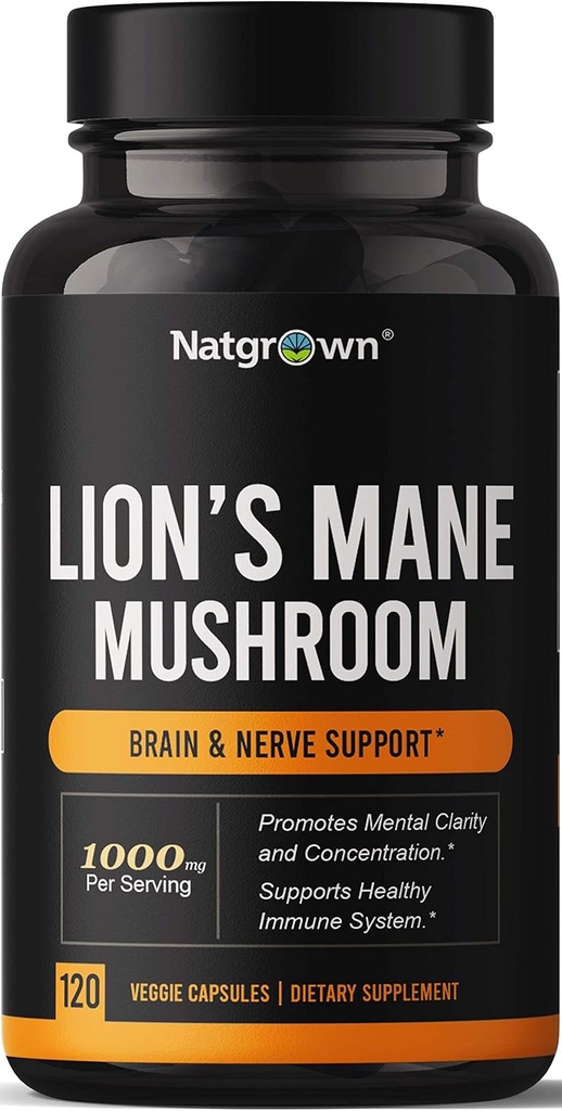 Natgrown Lions Mane Mushroom Suplemento Cápsulas - Extrato de Mane de Leão Orgânico Nootrópico Suplemento do cérebro para homens e mulheres - Promove a clareza mental, foco e memória - comprimidos Vegan
