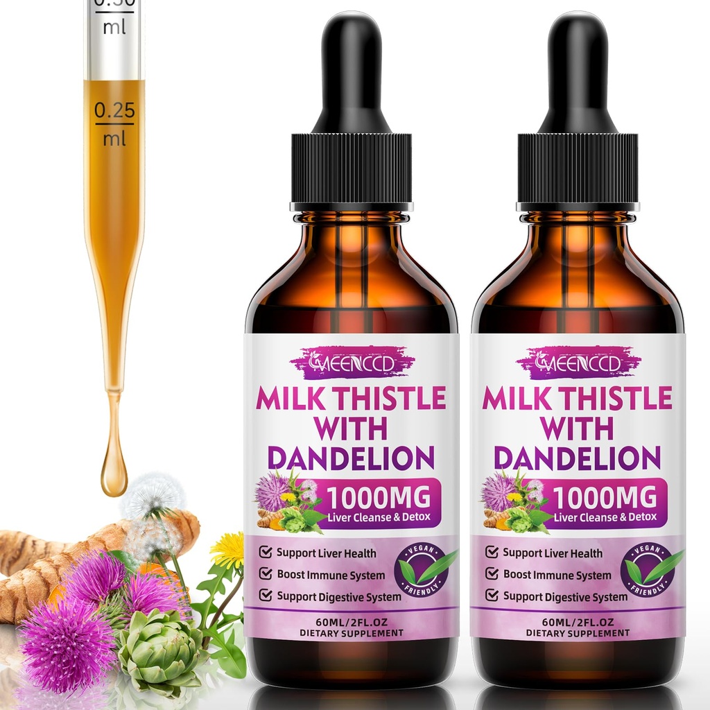 2 Pacote de gotas líquidas de cardo de leite - Fígado Limpar Detox e reparo - 1000mg Suplemento de cardo de leite para suporte de fígado, Suplemento de fígado de silymarin para saúde do fígado, Vegan, Não-GMO, 4 Fl Oz