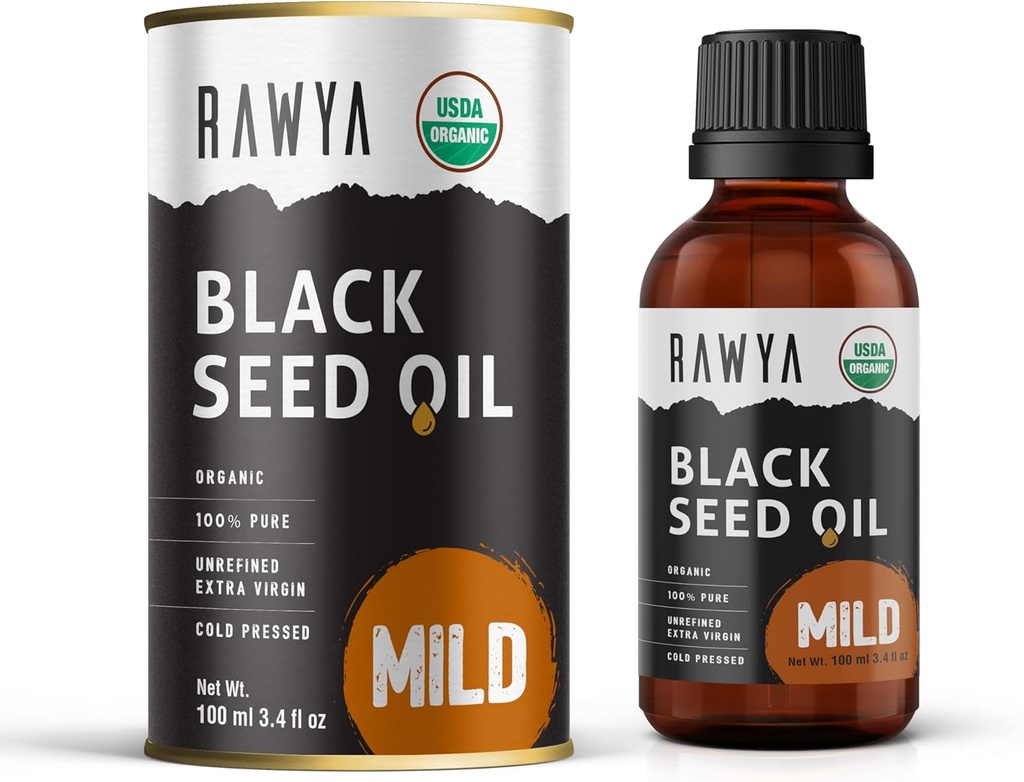 RAWYA Black Seed Oil - Cold Pressed - Black Cumin Seed - Premium Nigella Sativa - Omega 3 6 9 - Kalonji para a pele e cabelo saudável - Não-GMO, Gluten-Free - Wellness Oil - leve Flavor - 3.4 Fl Oz