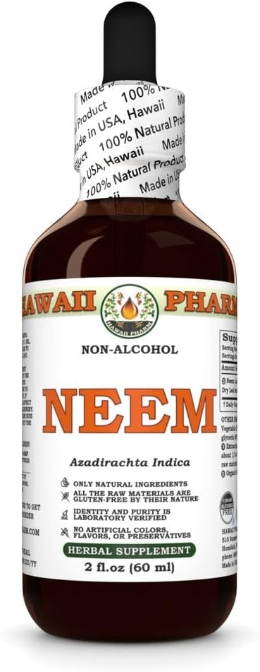 Neem Extrato Líquido Livre de Álcool, Neem Orgânico (Azadirachta Indica) Glicerite de Folha Secada Suplemento Natural de Ervas, Hawaii Pharm, USA 2 fl.oz