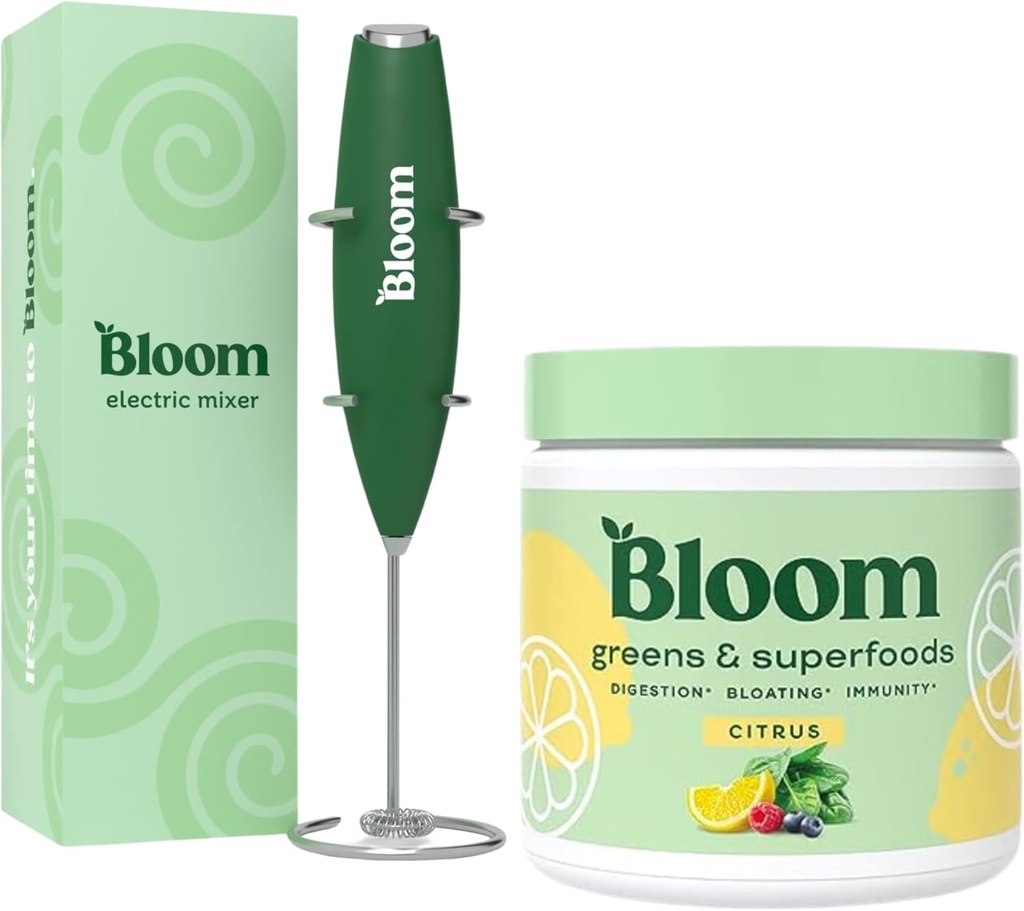 Bloom Nutrition Superfood Greens Powder, Enzimas Digestivas com Probióticos e Prebióticos, Gut Health, Bloating Relief, Citrus + Milk Frather High Powered Hand Mixer