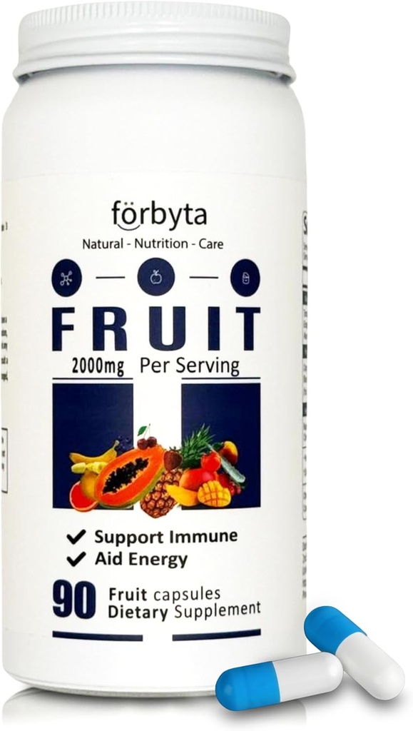 Suplemento de frutas – Cápsulas inteiras de mistura de frutas baseadas em alimentos – Apoio natural antioxidante – Rico em vitaminas essenciais – Não-GMO, sem glúten – 90 Cápsulas