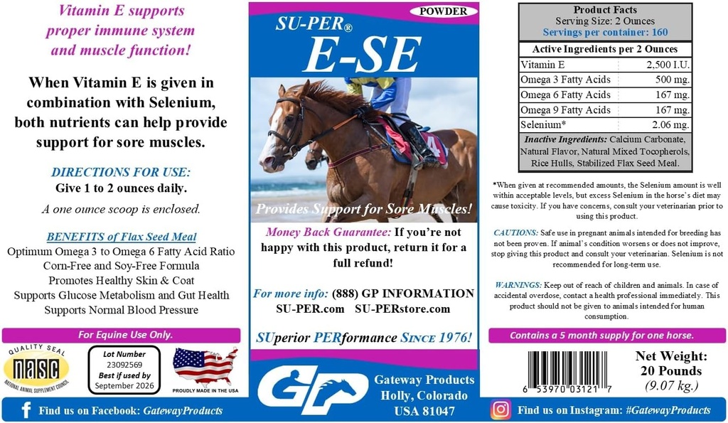 SU-PER E-Se Horses Antioxidante Suplemento - Vitamina E & Selênio para Apoio Músculos Dores - 20 Libras