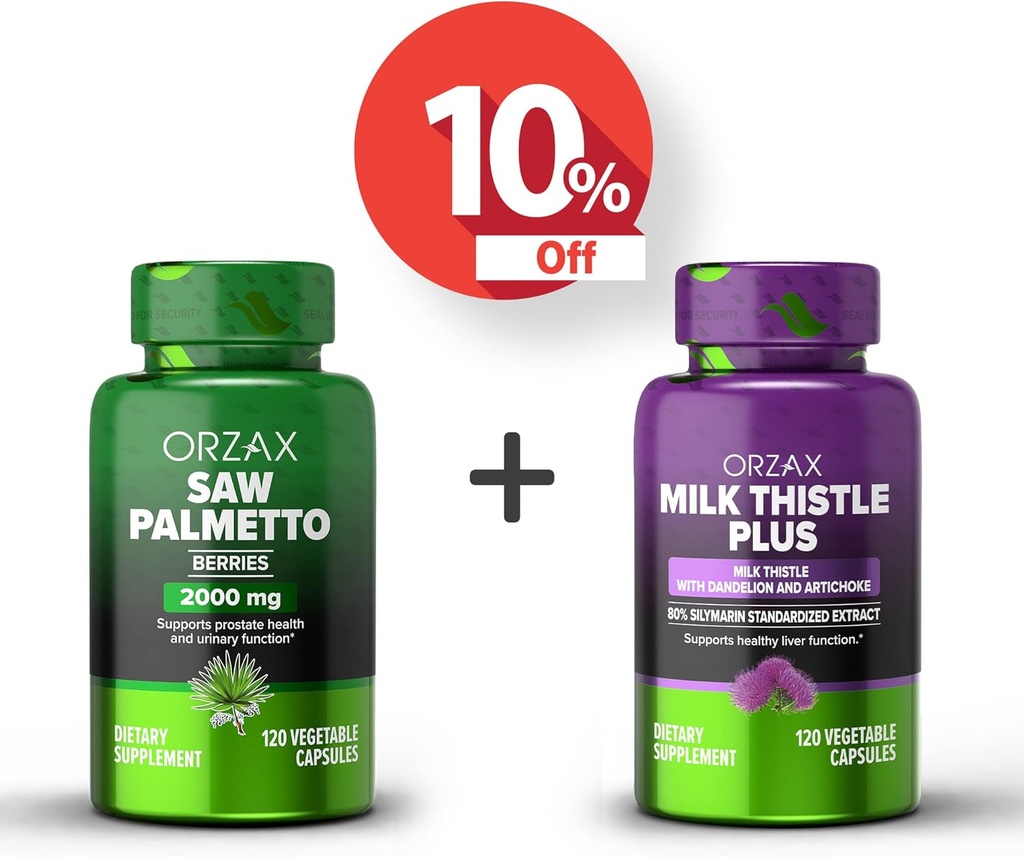 ORZAX Saw Palmetto 2000 mg 120 Cápsulas Vegatáveis e Cardo de Leite Plus com cápsula Vegatable Dandelion 120, pacote