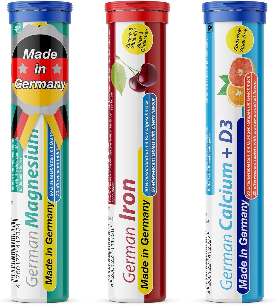 T&D German Mineral Plus Pacote 60 Servings - Vegan, Açúcar Zero - Beber Comprimidos Efervescentes - Ferro, Cálcio, Magnésio Pharma - Made in Germany