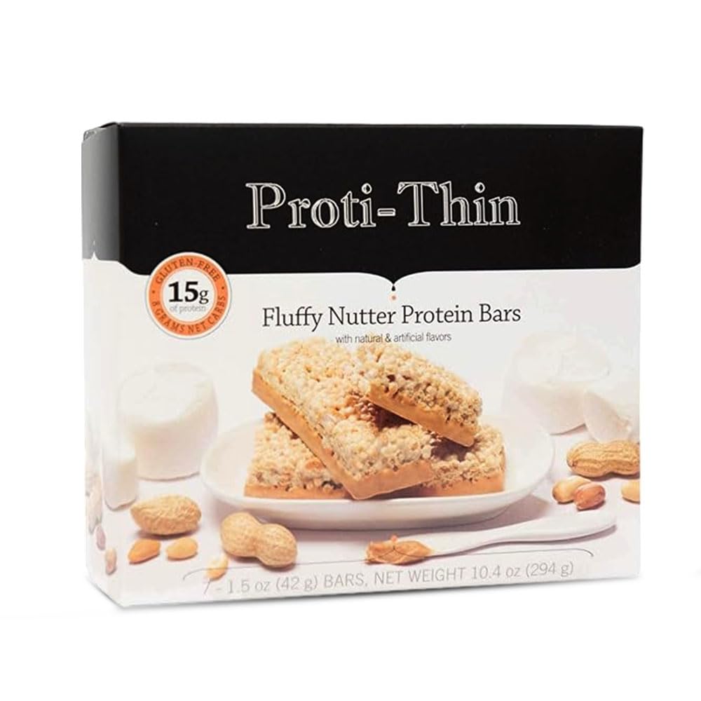 Proti-Thin Fluffy Nutter Protein Bars, 15g Protein, Baixa Caloria, Carbo muito baixo (VLC), Baixa Gordura, Barra de Lanchonete de Alta Fibra, KETO Diet Friendly, Proteína Ideal Compatível, Sem ingredientes de glúten, 7 / Box