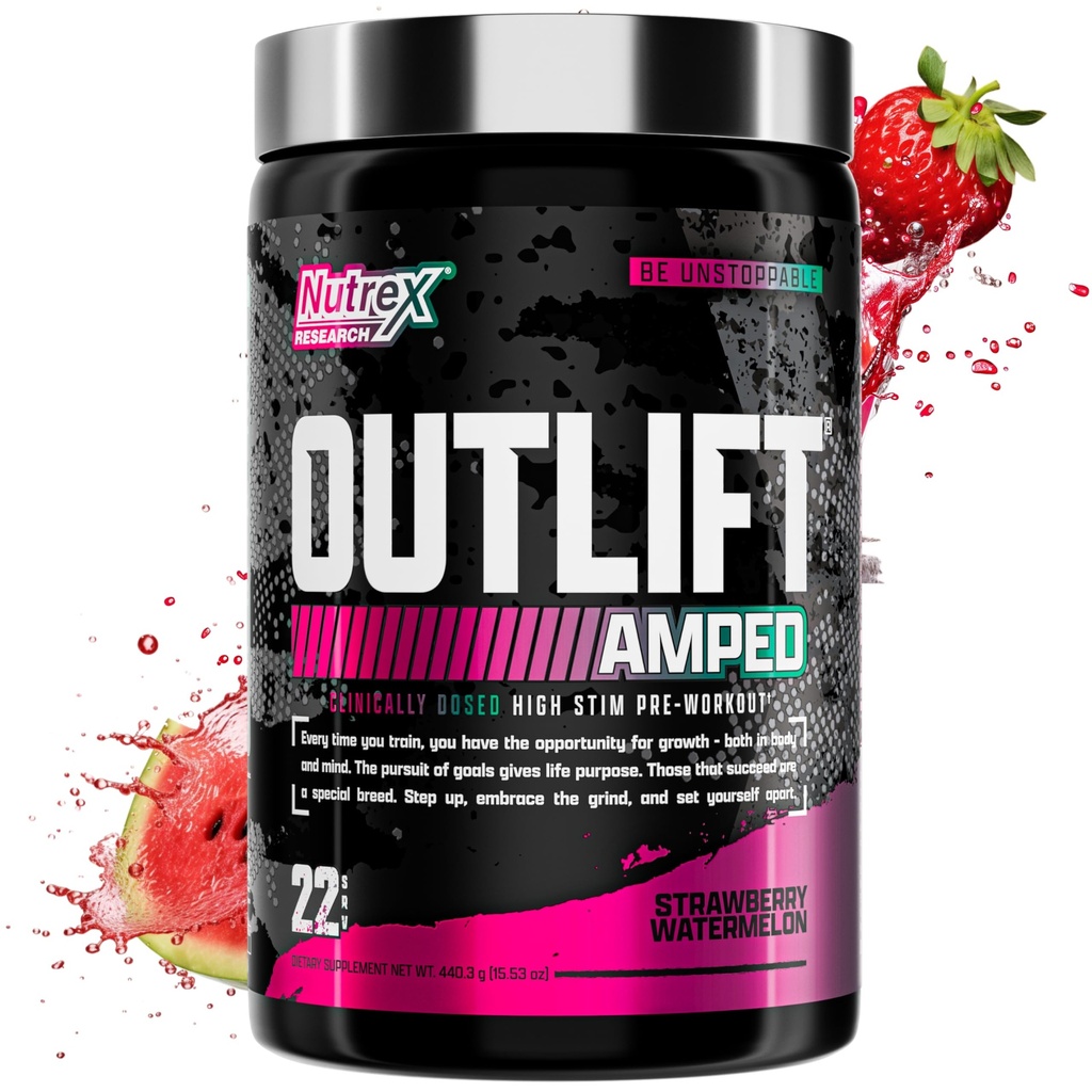 Outlift Amped Max Dosed ALTO STIM pré-treino em pó 6G Citrulina, 3,2G Beta Alanine, Alpha GPC, CognatiQ, Energia Extrema, Bombas Massivas, Eletrólitos (Melancia de framboesa, 22 Servings)