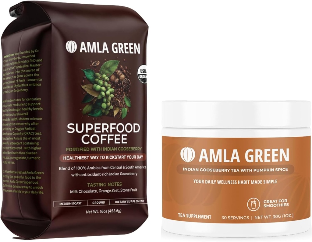Amla Green Organic Ground Superfood Café e Amla Powder Superfood Supplement with Pumpkin Spice, 20x Ultra Concentrated Amla
