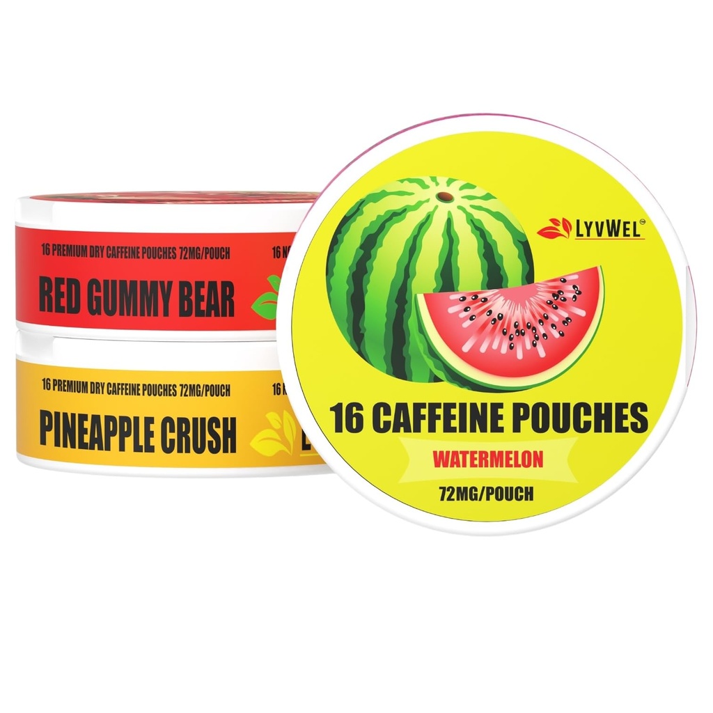 LyvWel 72mg Caffeine Energy Pouches – Melancia, Urso Gummy Vermelho, Abacaxi Crush – Energia Limpa Juicy com Guaraná – 3-Pack (48 Total Pouches)