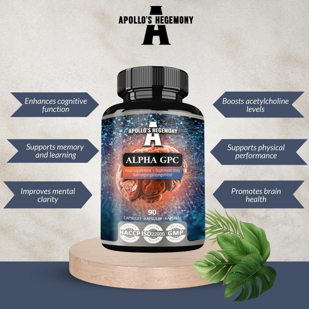 APOLLO'S HEGEMONY Alpha-GPC 600mg por dose diária - 90 Vegan Choline Cápsulas - 99% Choline Alfoscerate Suplemento dietético - Lipid Choline - Cápsulas de memória e concentração