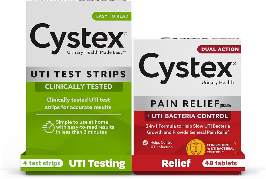 Infecção Urinária por Cystex (UTI) tiras de teste + alívio da dor: 4 tiras de teste e 48 cápsulas Medicina de alívio da dor