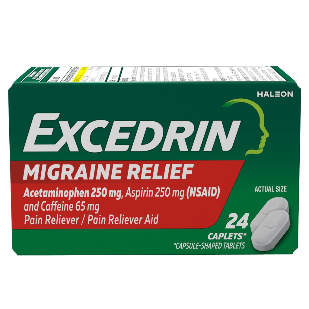 Excedrina Migraine Relief Caplets para sintomas de enxaqueca, acetaminofeno 250mg, aspirina 250mg, cafeína 65mg, alívio da dor, 24 Contagem