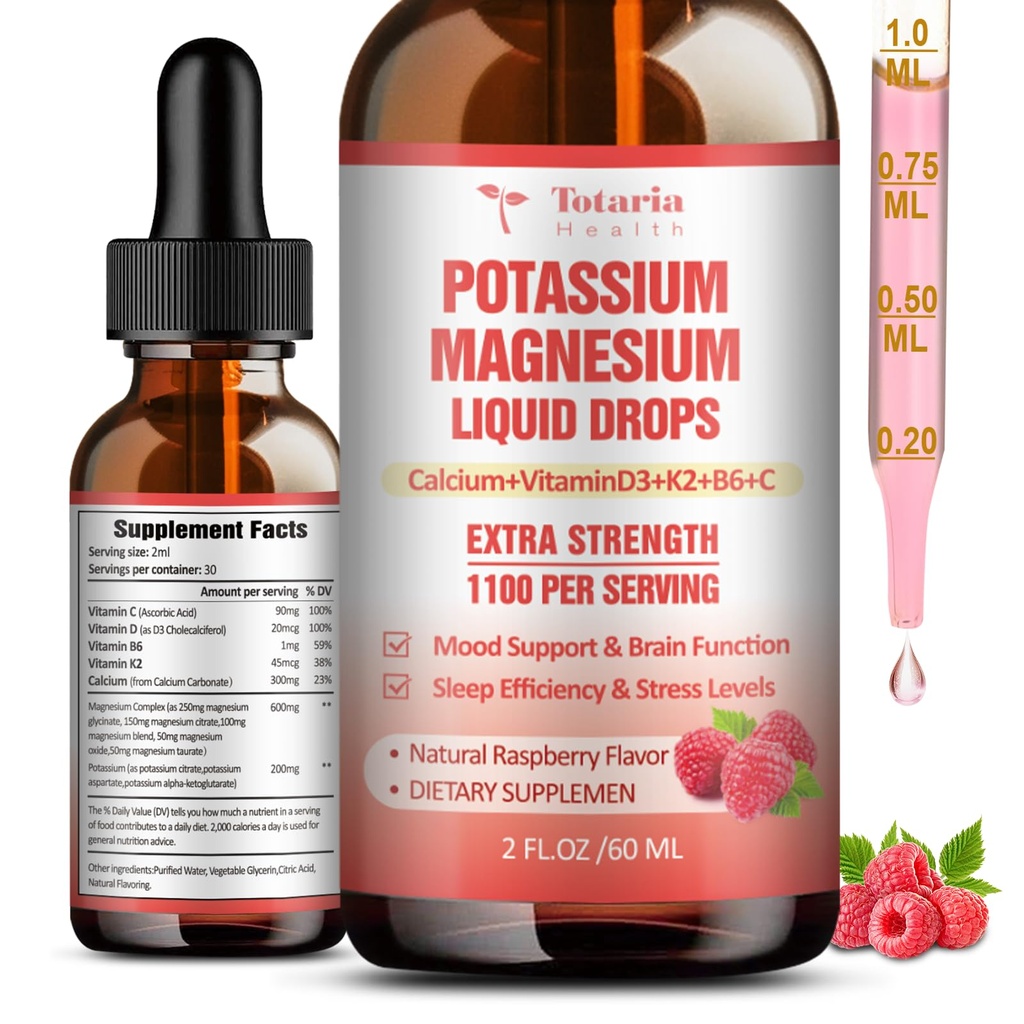 Potássio Suplemento gotas líquidas de magnésio - alta absorção Suplemento de potássio com magnésio, cálcio, vitamina D3 K2, Vegan, Não-GMO Potasio Suporte Cãimbras perna, osso, músculo - 2 Fl oz