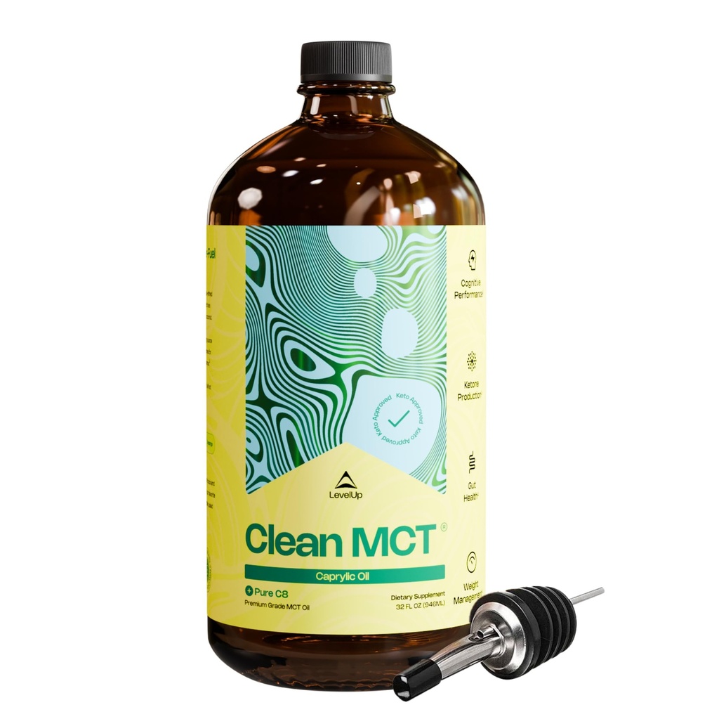 LevelUp Clean MCT Óleo - 100% Caprylic C8 para Energia, Foco, Saúde Gut, Supercombustível Cérebro - Keto Suplemento para Café Ketogênico e Cetonas - Não-GMO (32 oz garrafa de vidro)