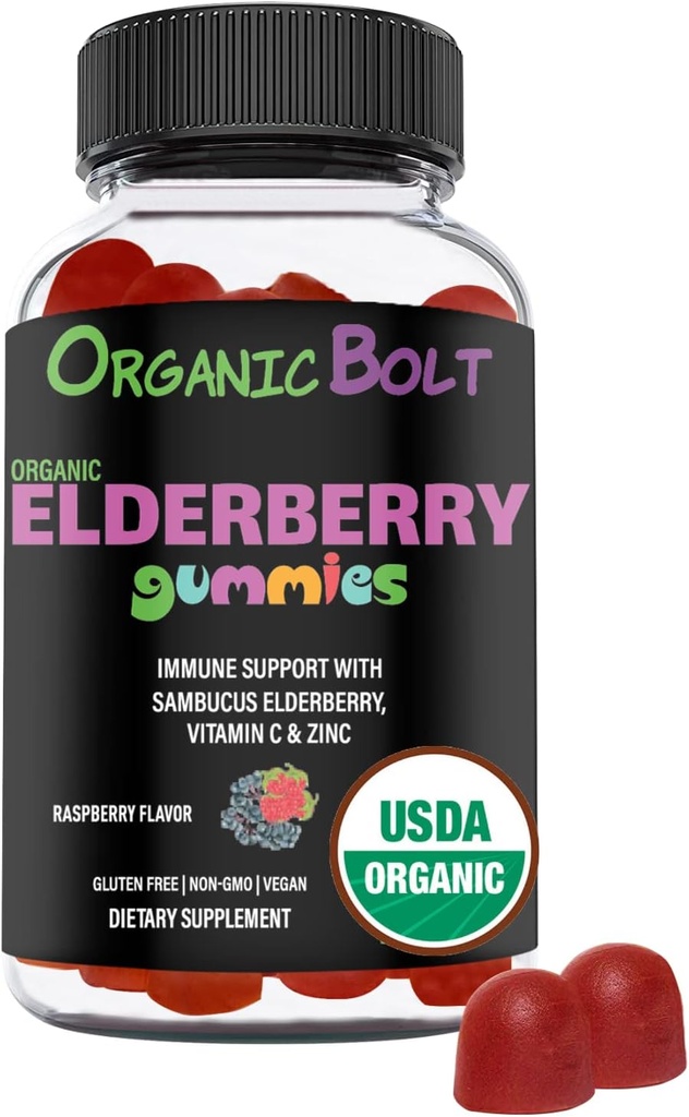 USDA Orgânica Elderberry Gummies - Alta potência 150mg Orgânica Elderberry Gummies para Adultos & Crianças com vitamina C & Zinco - Imune Support Gummies - Vegan, Gelatina & Gluten Free - 60 Contagem