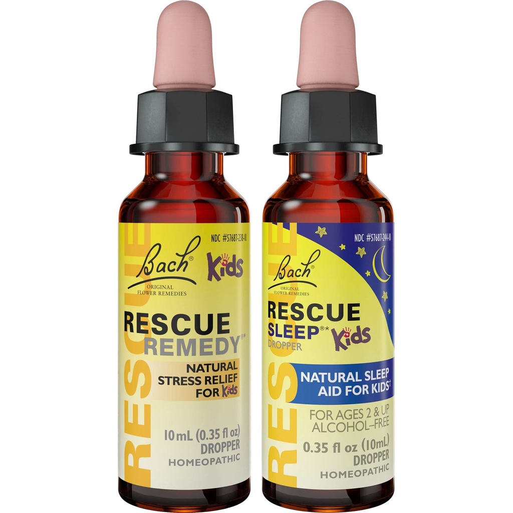 Kids Day & Night Bundle, Bach RESCUE Remedy Kids Dropper [e] RESCUE Sleep Kids Dropper- 2-Pk, Stress Relief & Sleep Support com Essências de Flor Natural, Homeopático, Fórmula Não-Alcohol, 10mL Ea