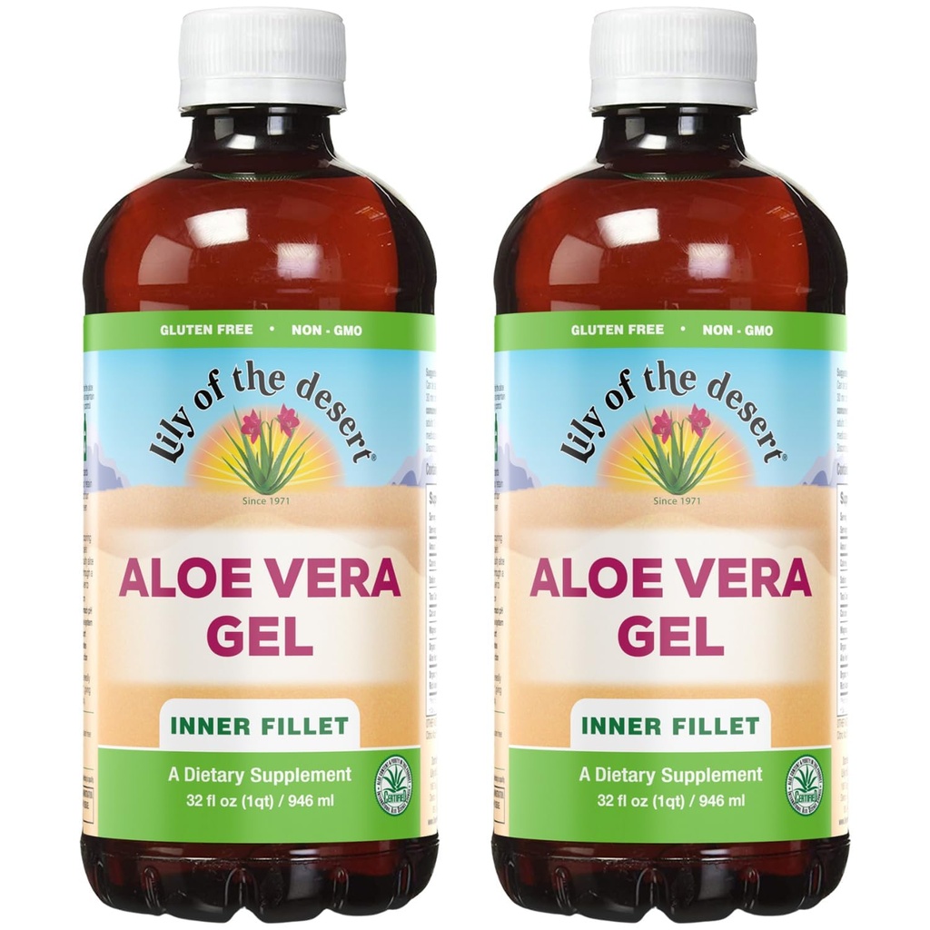 Lily Of the Desert Aloe Vera Gel - Filé interno Consistência mais espessa Aloe Vera Bebida com vitaminas naturais, Enzimas Digestivas para Gut Health, Estômago alívio, Bem-estar, Pele brilhante, 32 Oz (Pack of 2)