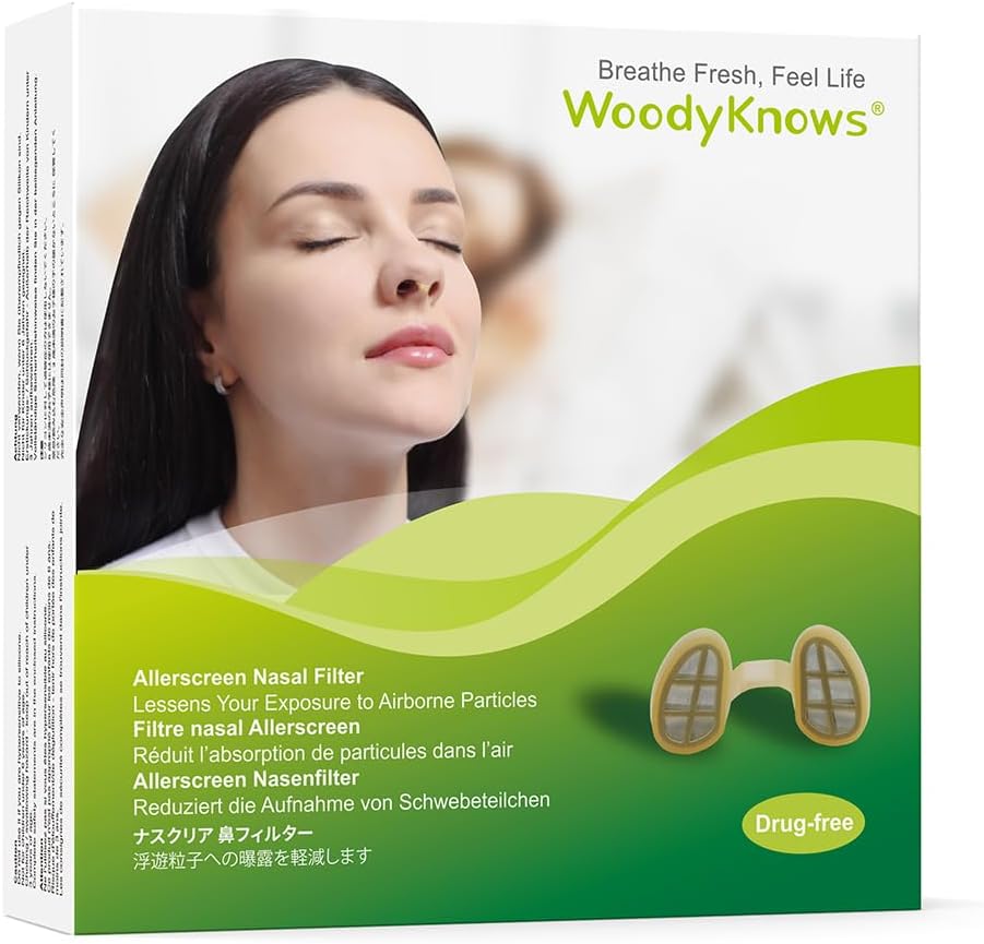 WoodyConhece 3 filtros nasais de tela alergênica com 12 pares de filtros de substituição, modelo 2024, sazonal e poeira Ajuda de alergias (Grande, 3 filtros + 12 substituições)