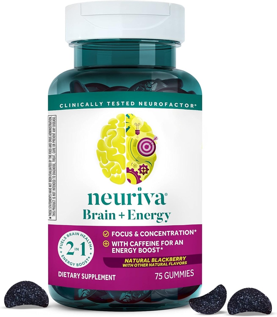 NEURIVA Cérebro + Gummies de Energia, Suplementos Cerebrais Nootrópicos para Foco e Concentração com Neurofator, Vitamina B12 & Cafeína para um Boost de Energia*, 75ct Natural BlackBerry