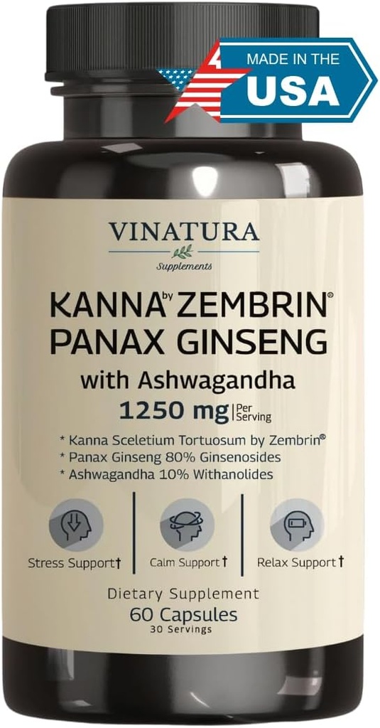 VINATURA Kanna Zembrin Sceletium Tortuosum - 50mg Kanna/Serving, com Ashwagandha, Ginseng * Saúde do cérebro, suporte de alívio de estresse* Panax Ginseng 80% Ginsenosides Ashwagandha Cápsulas 10% Withanolides