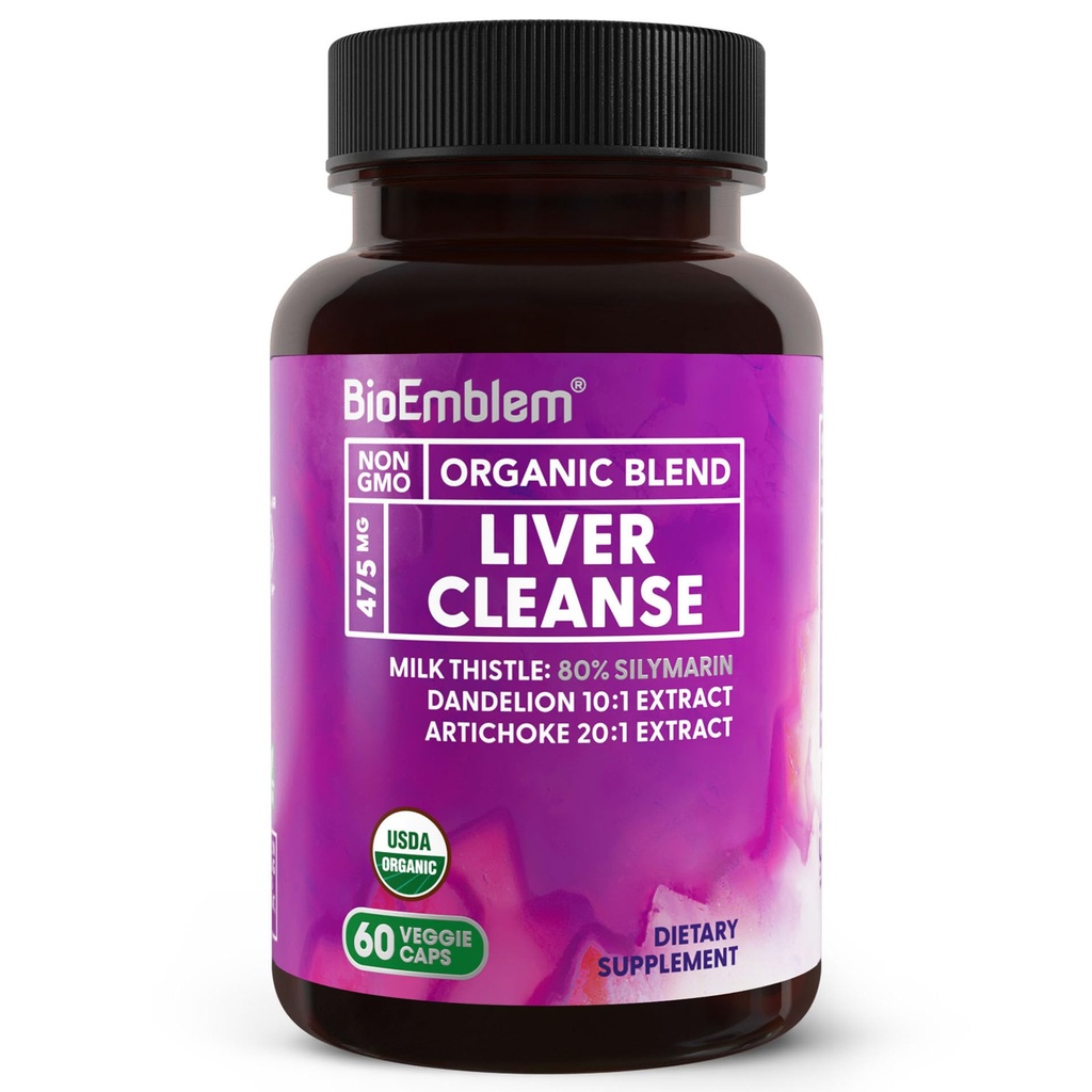 BioEmblem USDA Organic Liver Cleanse - 80% Silymarin Milk Thistle Extract for Liver Health and Hever Function with Dandelion & Alcachofra Extracts - 100% Vegan, Non-GMO - Herbal Liver - 60 Cápsulas