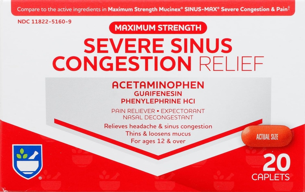 Rite Aid Severe Sinus Medicine and Nasal Decongestionant, Maximum Strength - 20 Caplets (Resgate do Sinus)
