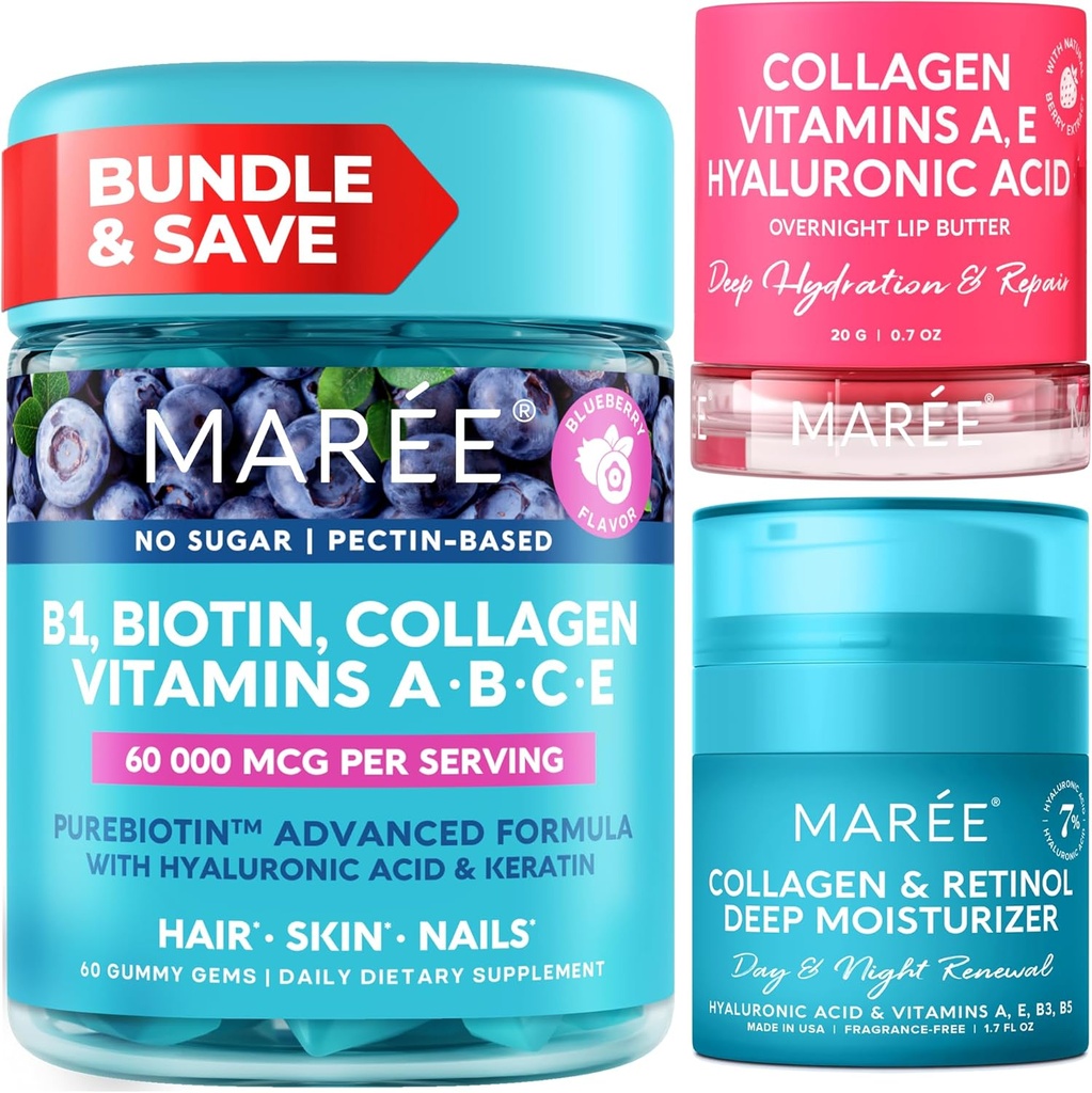 MAREE Bundle - Vitamina B1 pastilhas de tiamina, máscara de lábios, hidratante facial - A, E, D, C Vitaminas - Colágeno e ácido hialurônico, Retinol- Complexo para pele, unhas, cabelo - Máscara para lábios secos - creme antienvelhecimento