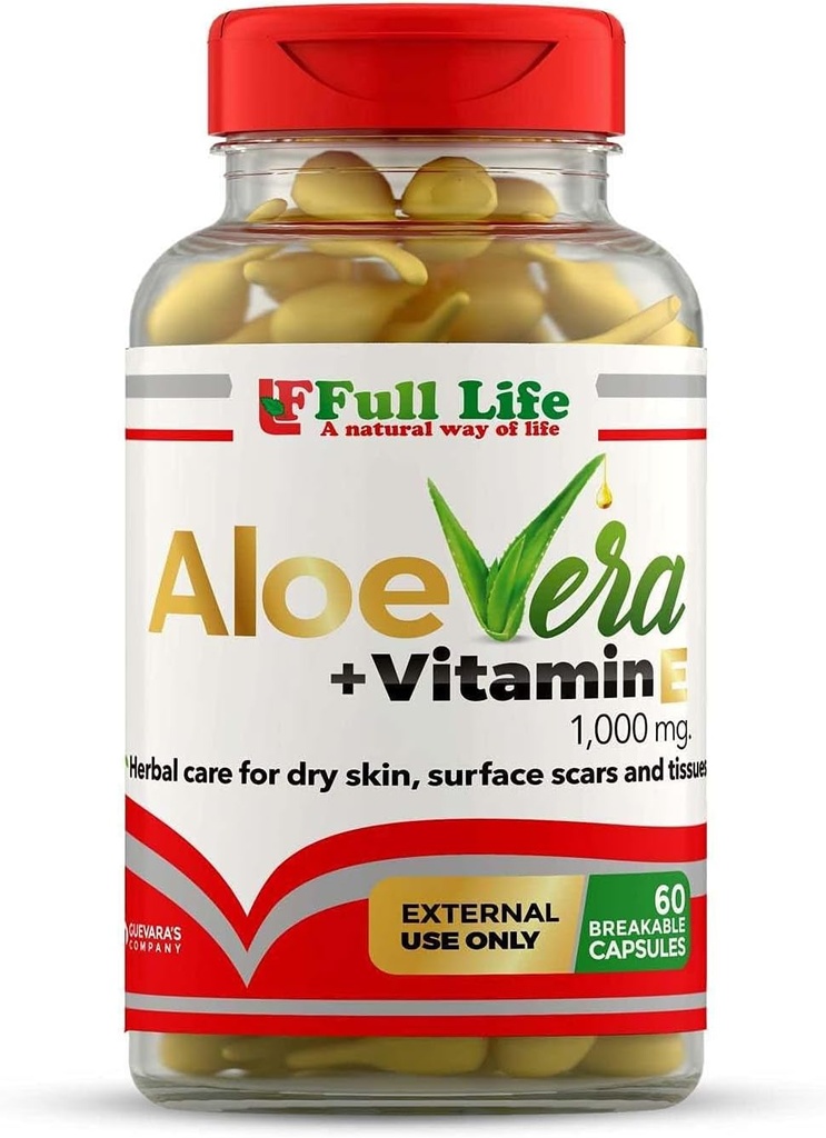 Vida completa Aloe Vera + Vitamina E, 60 Cápsulas Quebráveis - Hidratante, Antienvelhecimento - cuidados saudáveis da pele