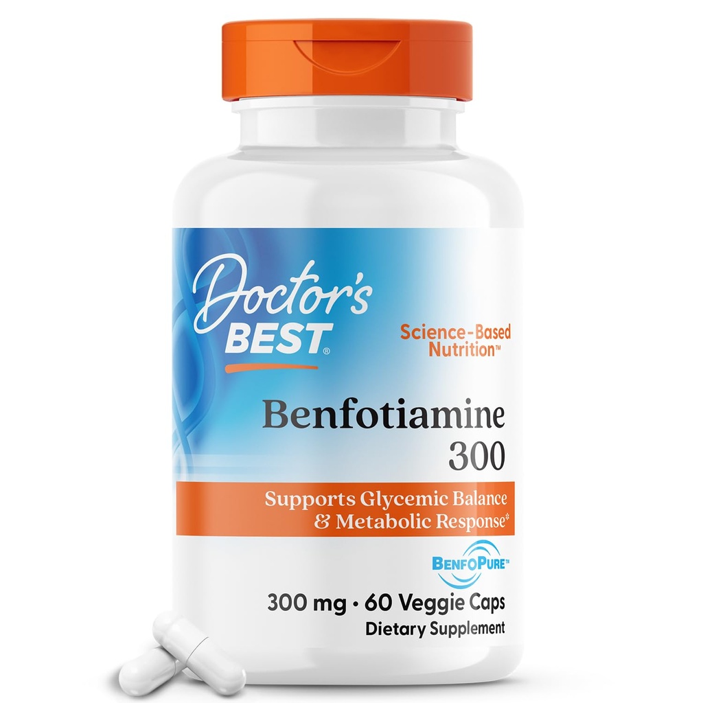 Melhor Benfotiamina 300 do doutor com BenfoPure, Ajuda a manter o metabolismo da glicose saudável, Não-GMO, Vegan, Glúten livre, Sem soja, 300 mg, 60 bonés vegetarianos