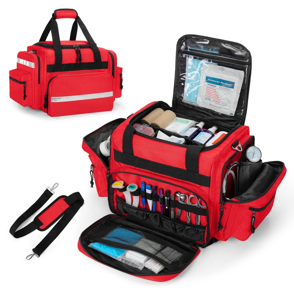 Saco médico Damero profissional vazio, saco de trauma do primeiro respondedor com dividers destacável para cuidados de saúde em casa, EMT, EMS, vermelho (Somente saco)