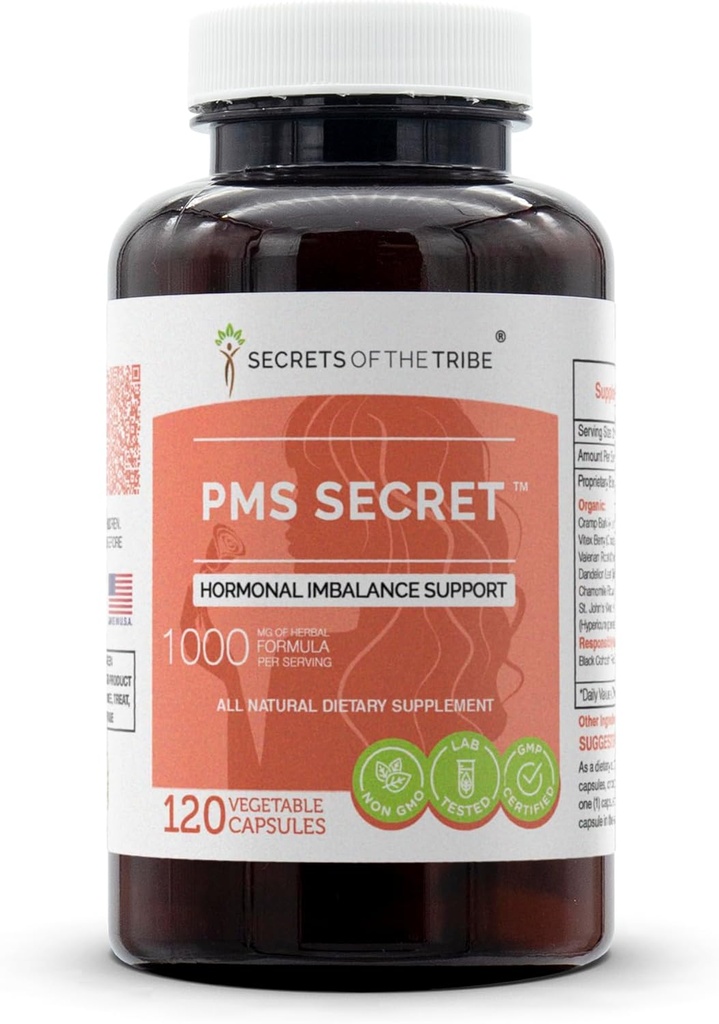 PMS Secret 120 Cápsulas, 1000 mg, Black Cohosh, Cramp, Vitex, Valerian, Dandelion, Camomila, St. John's Wort. Suporte ao equilíbrio hormonal (120 cápsulas)