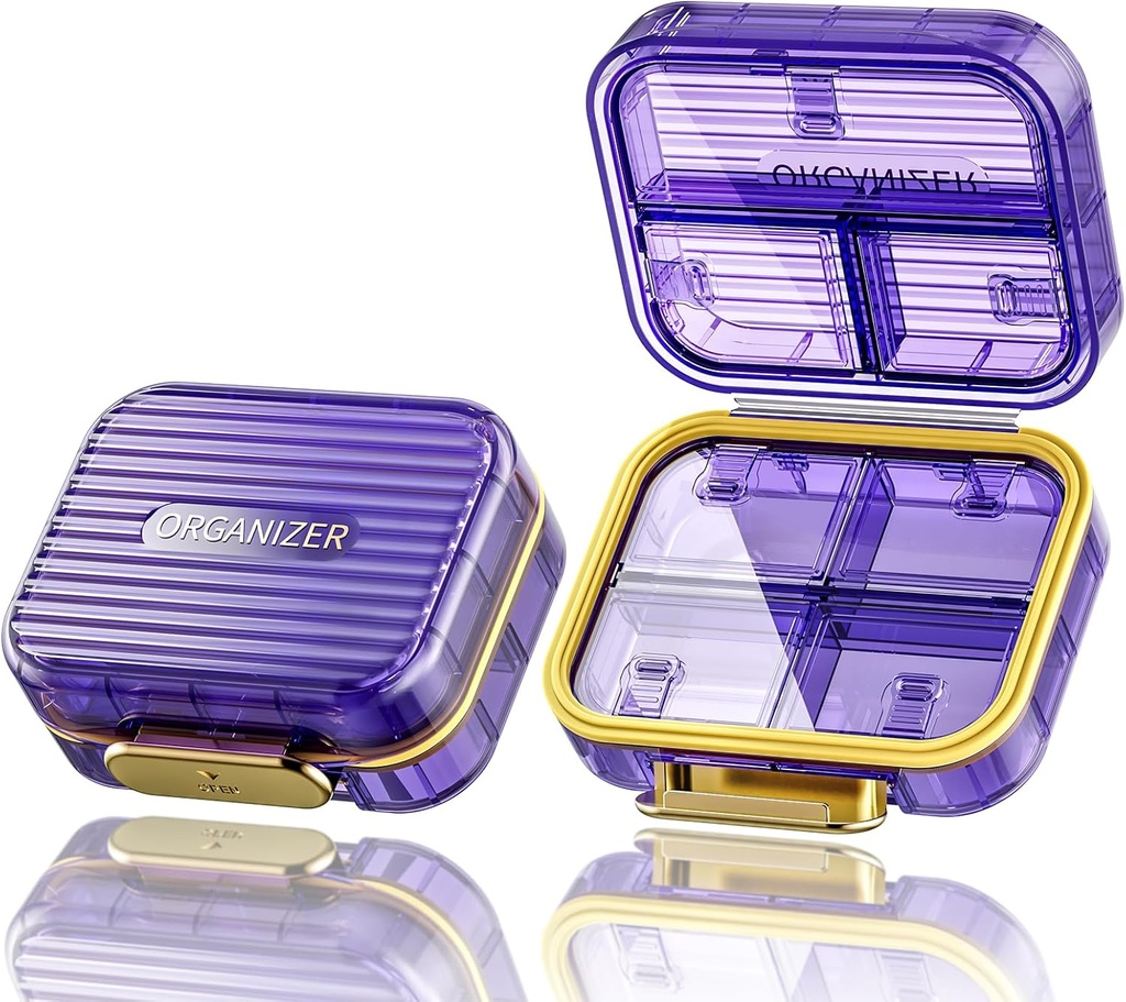 Caixa de pílulas pequena de Acedida, Organizador de pílulas de viagem, Compact 7-Compartimento Moistureproof Pill Case para bolsa, Chic Daily Pill Container, Portable Medicine & Vitamina Holder for Fish Oil & Supplements, Purple