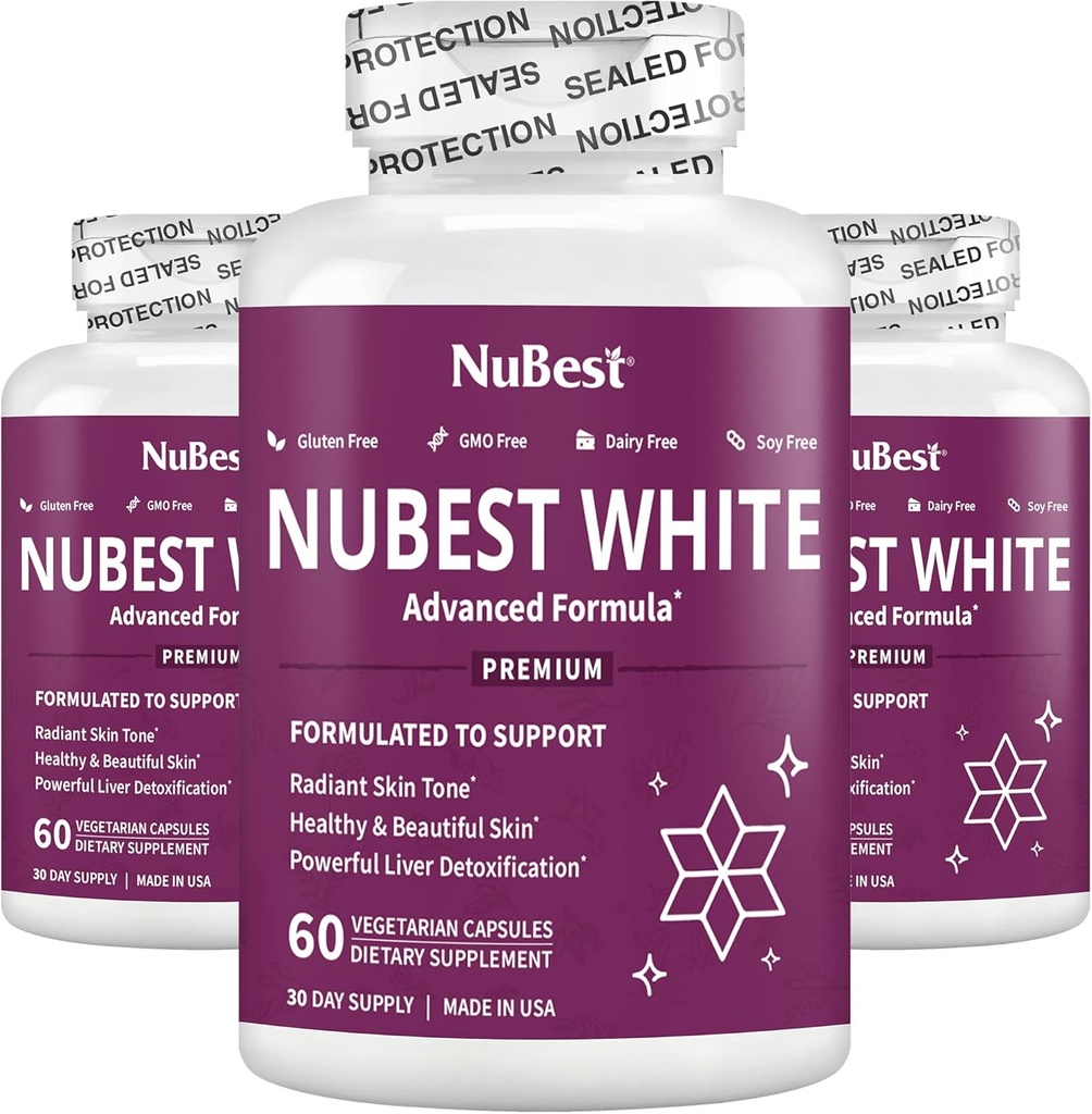 NuBest White - Suporta pele bonita e radiante com glutationa, extrato de cardo de leite, L-cisteína, ervas preciosas e vitaminas (3 embalagem)